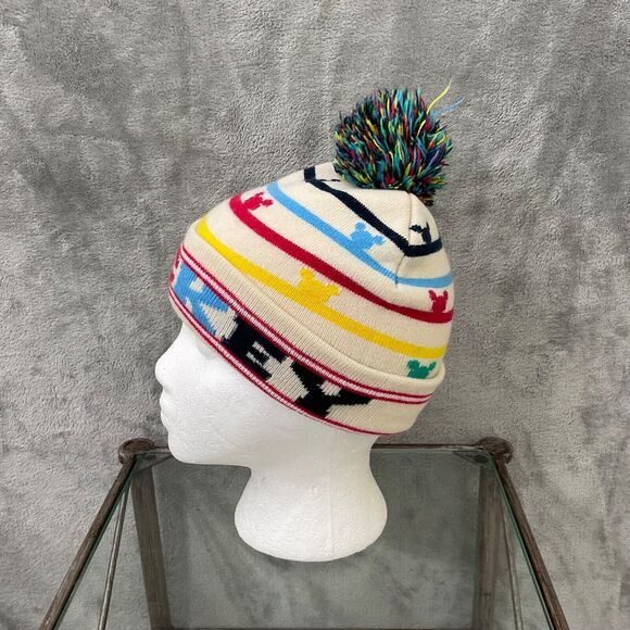 Disney Junior Mickey Mouse Beanie Hat Cuffed Pom Pom Rainbow OSFM - Picture 2 of 9